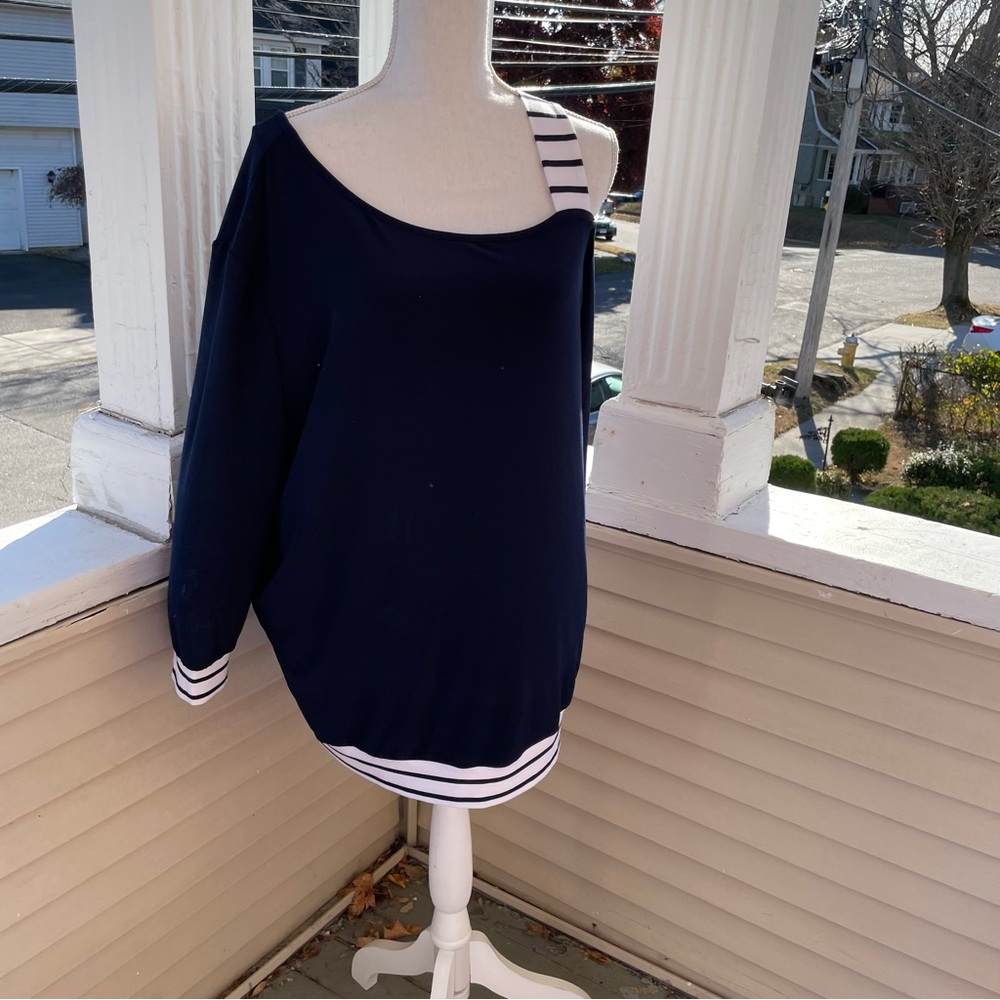 Joseph Ribkoff Midnight Blue/Vanilla One-Shoulder Boxy Top Size 16 (NWT) - Picture 2 of 10
